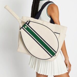 Tory Sport Cream Tennis Tote with Green and Navy Stripe